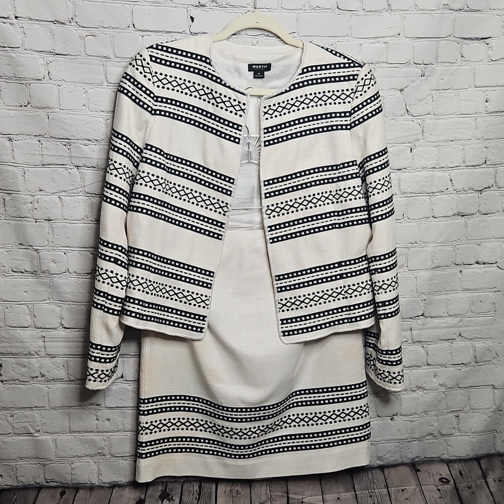 WORTH Black Cream Stripe Skirt Suit Jacket Medium